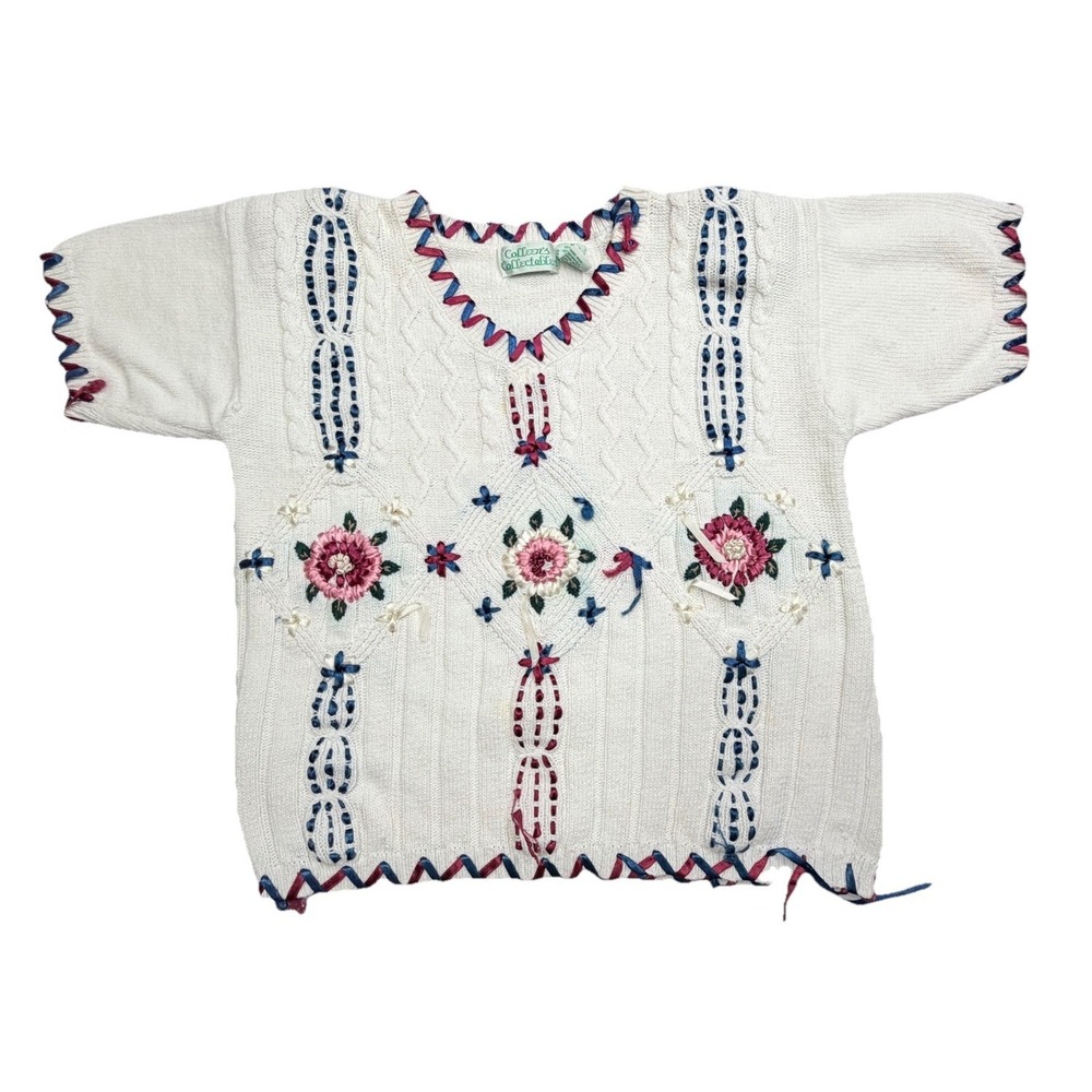 Vintage Colleen's Collectables‎ Ribbon Knit Floral Sweater Ivory Women's Medium